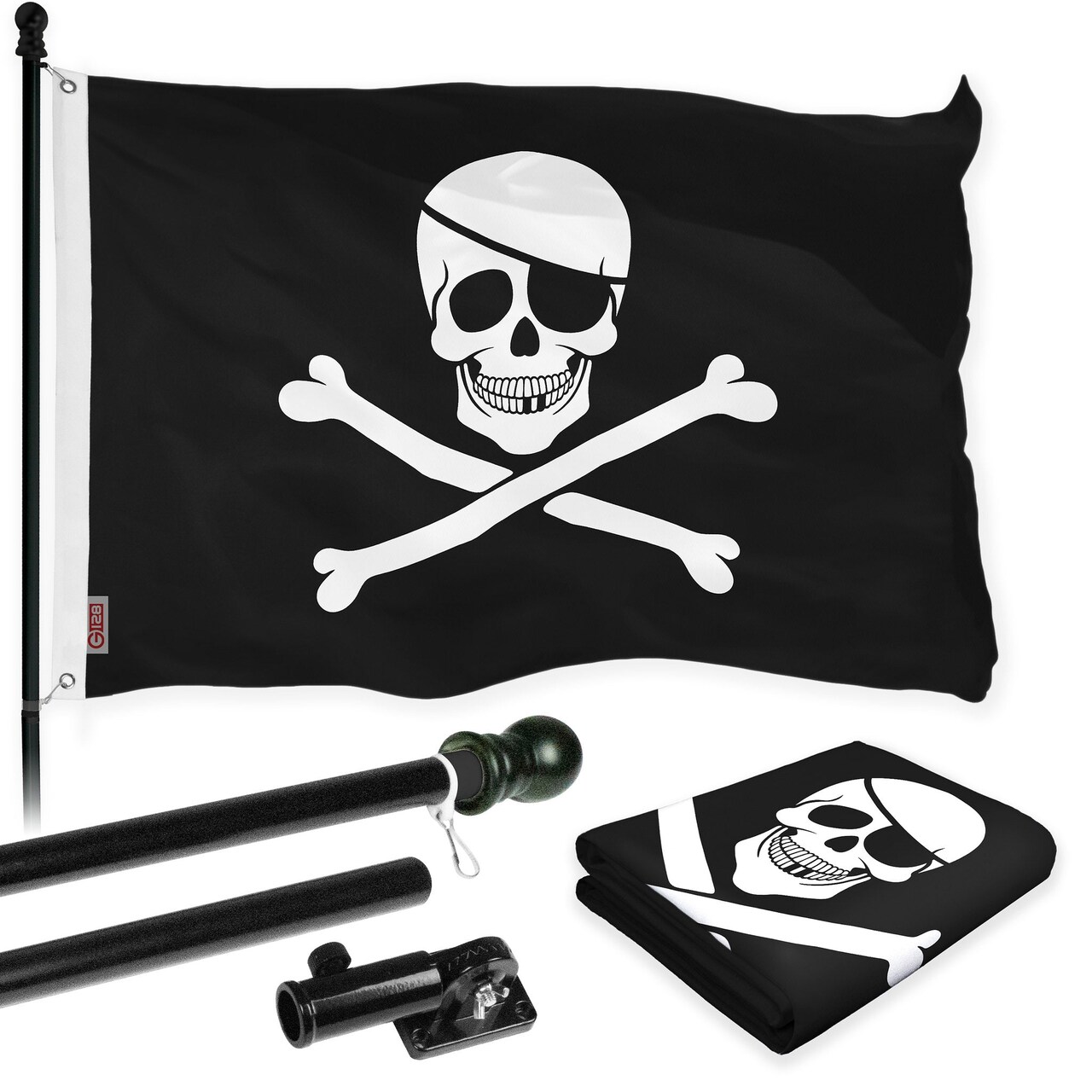 G128 Combo Pack: Flag Pole 6 FT Black Tangle Free & Pirate Jolly Roger Bones Flag 3x5ft 150D Printed Polyester